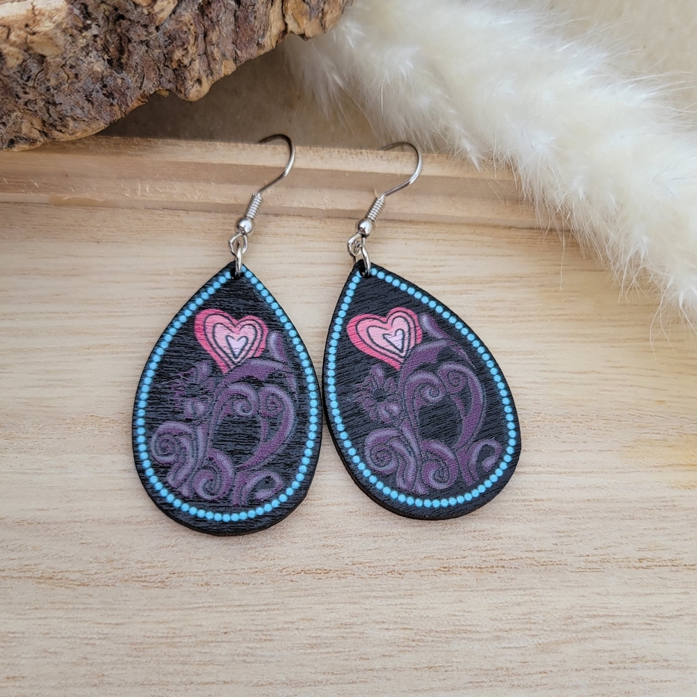 Stamped Heart Southwestern Style Wood Earrings